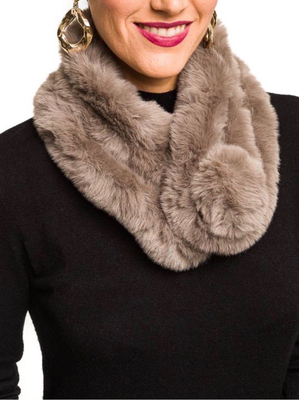 Plush Faux Fur Taupe Infinity Scarf with Pom reversible